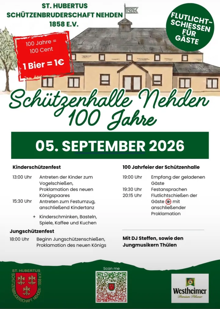 Plakat zur 100-Jahr-Feier der Schützenhalle Nehden am 5. September 2026