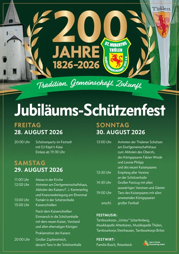 Plakat zum Jubiläumsschützenfest „200 Jahre St. Hubertus Schützenbruderschaft Thülen 1826–2026“ mit dem Programm vom 28. bis 30. August 2026