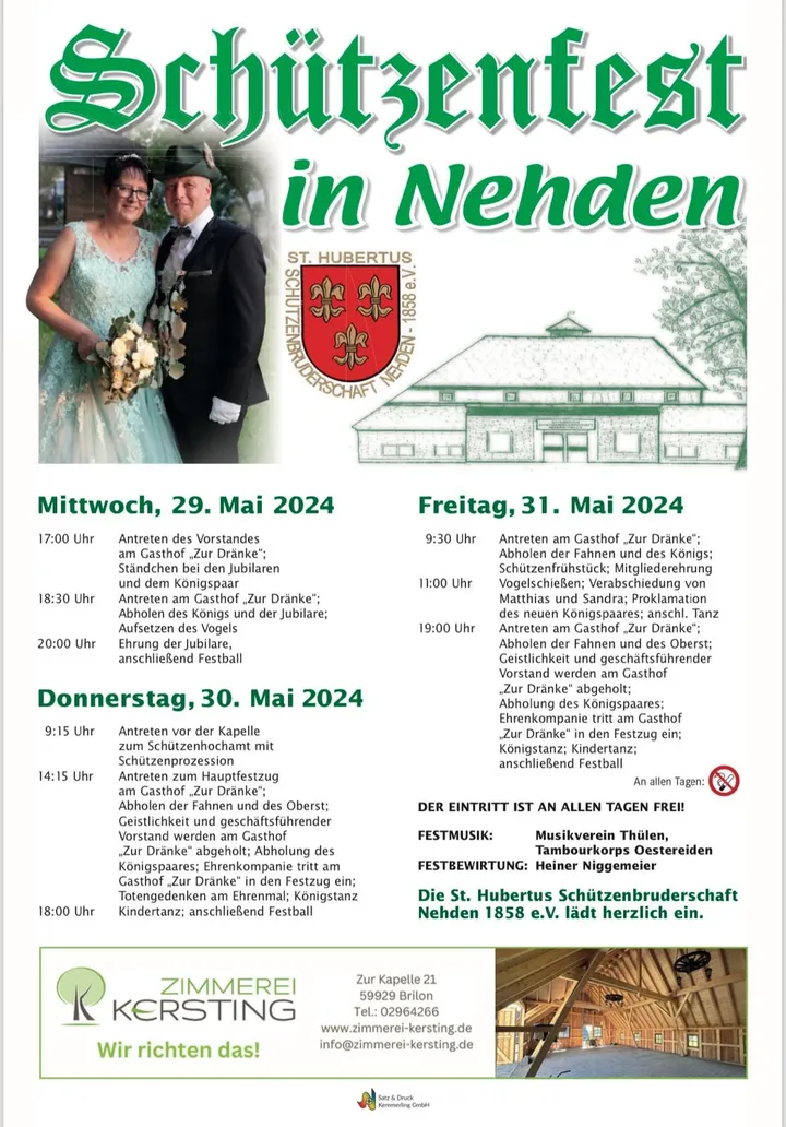 Plakat zum Schützenfest in Nehden vom 29. bis 31. Mai 2024