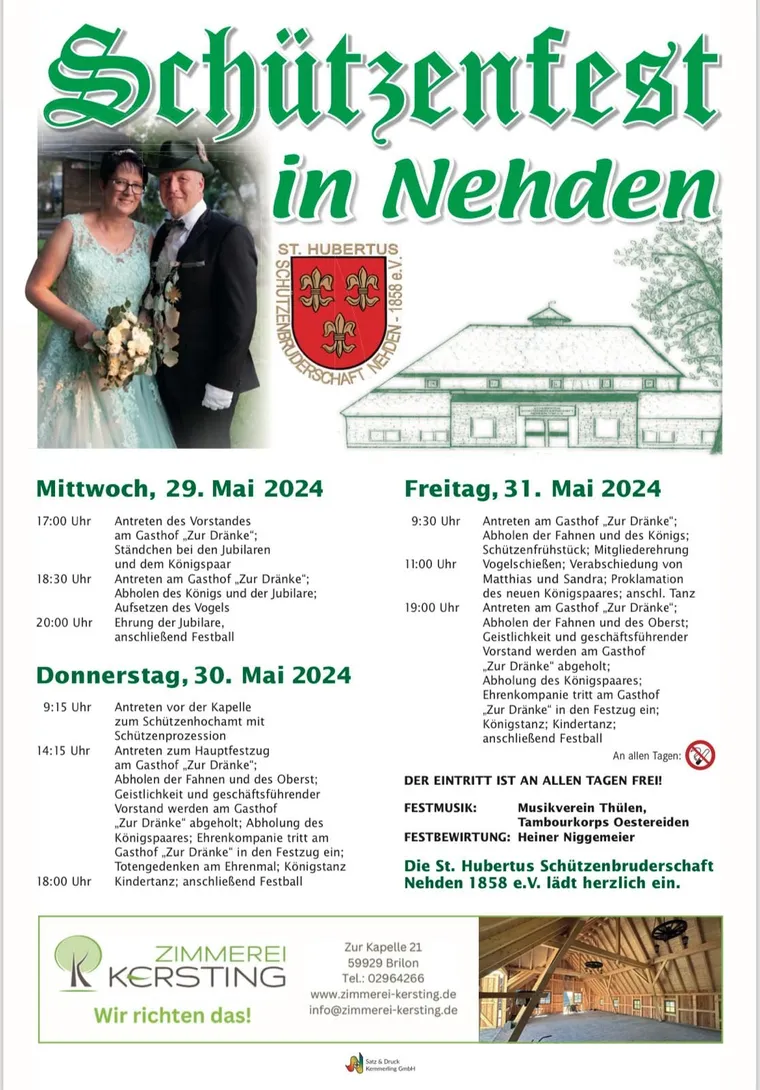 Plakat zum Schützenfest in Nehden vom 29. bis 31. Mai 2024