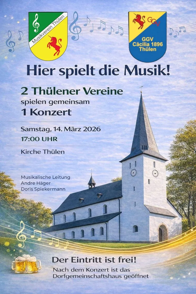 Plakat „Hier spielt die Musik!“ zum Gemeinschaftskonzert mit der Thülener Kirche