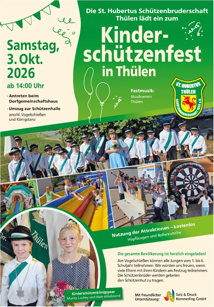 Plakat zum Kinderschützenfest in Thülen am 3. Oktober 2026 mit dem Kinderschützenkönigspaar Moritz Luckey und Nele Hillebrand