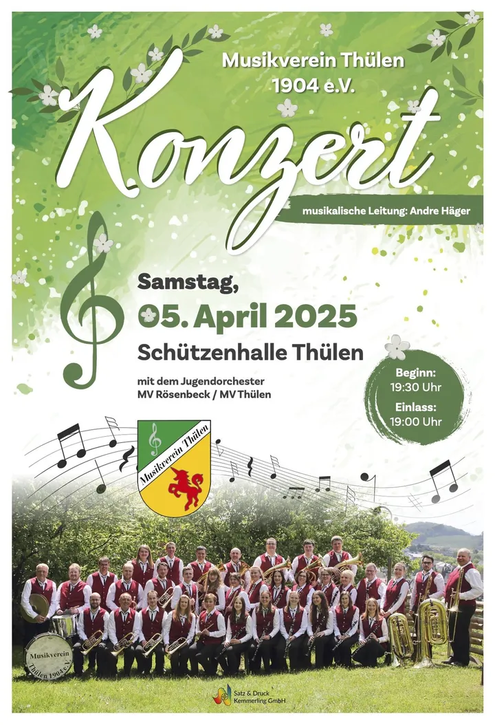 Konzertplakat mit Gruppenfoto des Musikvereins Thülen