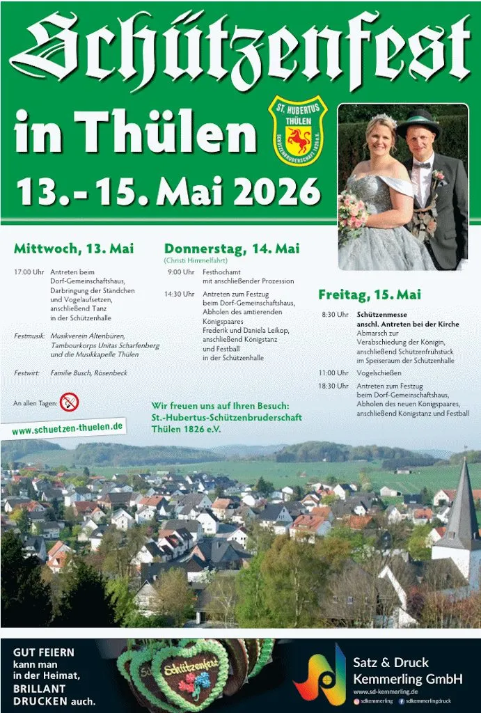Plakat zum Schützenfest in Thülen vom 13. bis 15. Mai 2026 mit dem Königspaar Frederik und Daniela Leikop